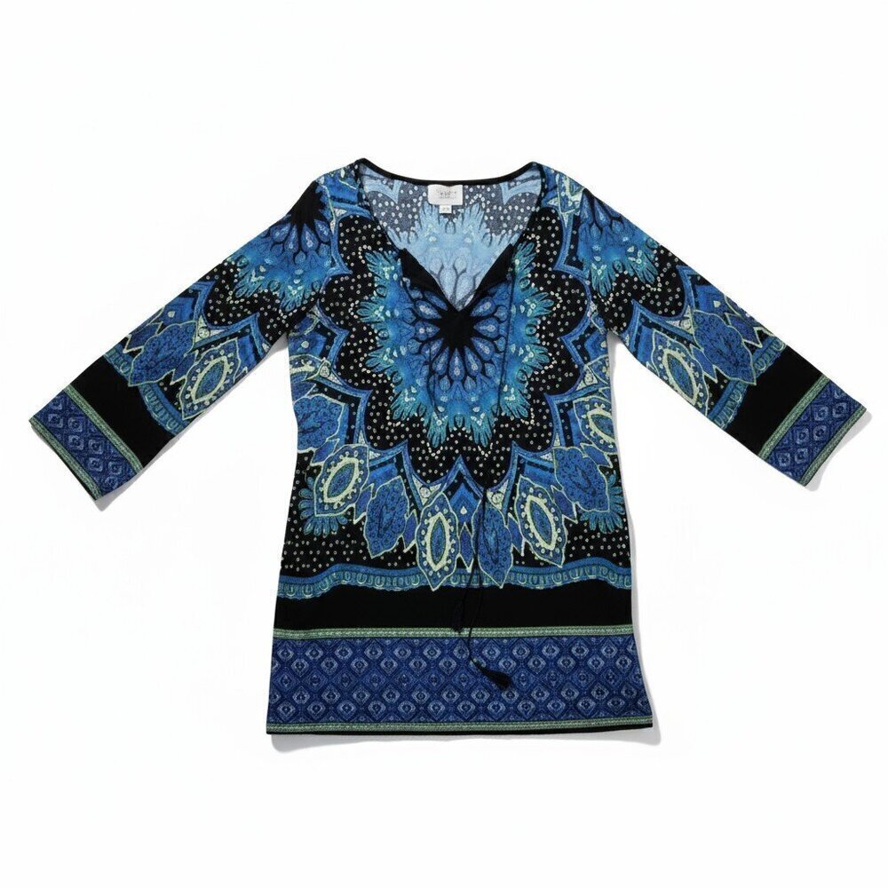 ECI New York 3/4 Flare Sleeve Top Size M | Navy Blue Textured Knit Blouse